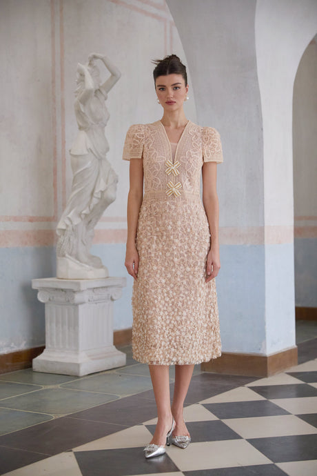 Aurohaya Bérengère Neutrals Faux-flower Crochet Midi Dress