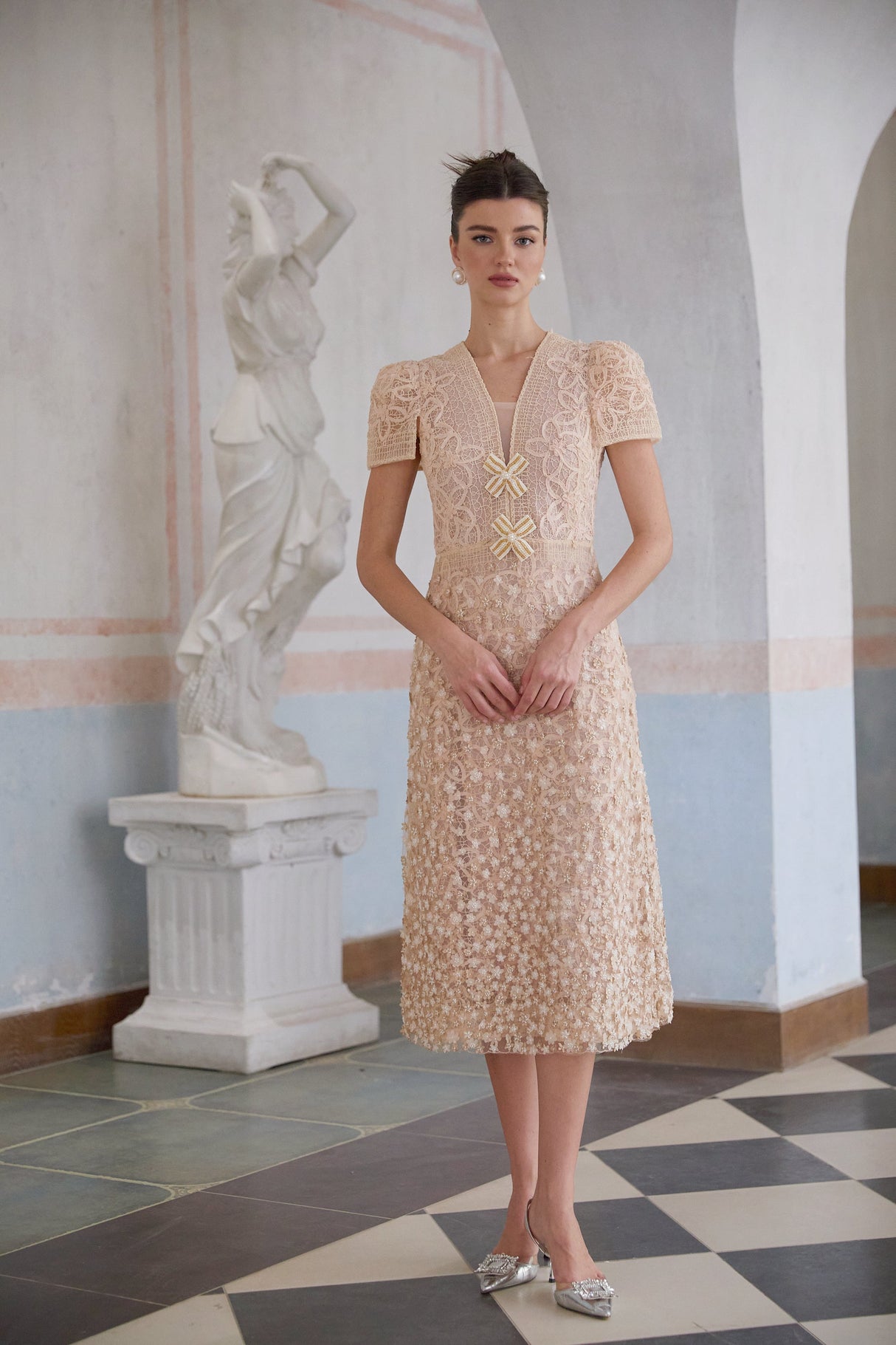 Aurohaya Bérengère Neutrals Faux-flower Crochet Midi Dress