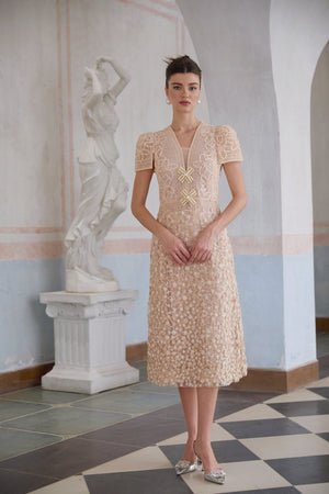 Aurohaya Bérengère Neutrals Faux-flower Crochet Midi Dress