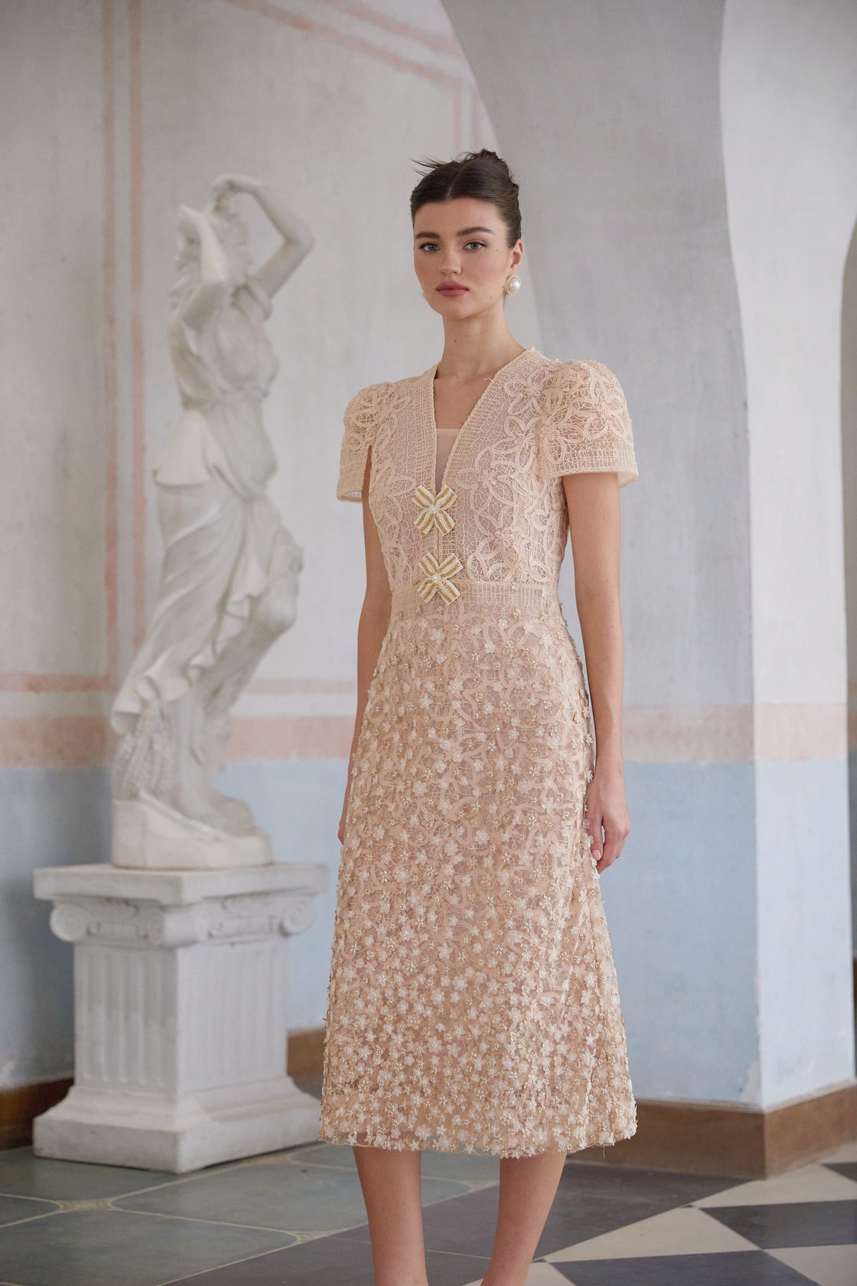 Aurohaya Bérengère Neutrals Faux-flower Crochet Midi Dress