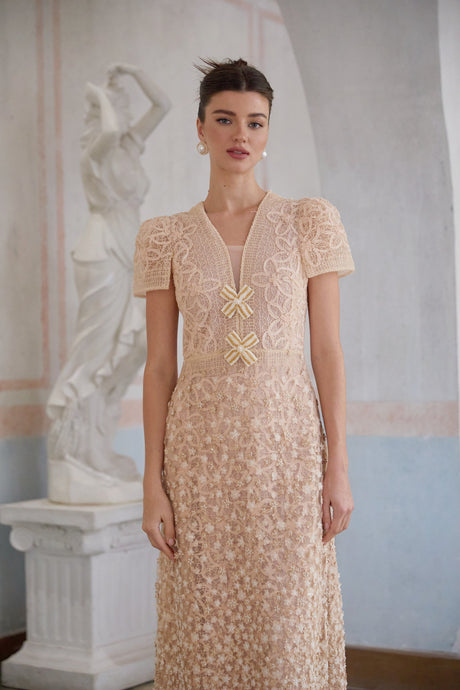 Aurohaya Bérengère Neutrals Faux-flower Crochet Midi Dress