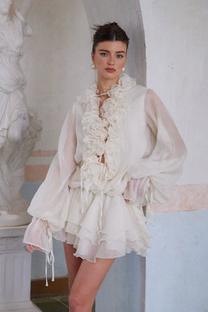 Aurohaya Zéphyrine floral-appliqué tiered mini dress in Neutrals