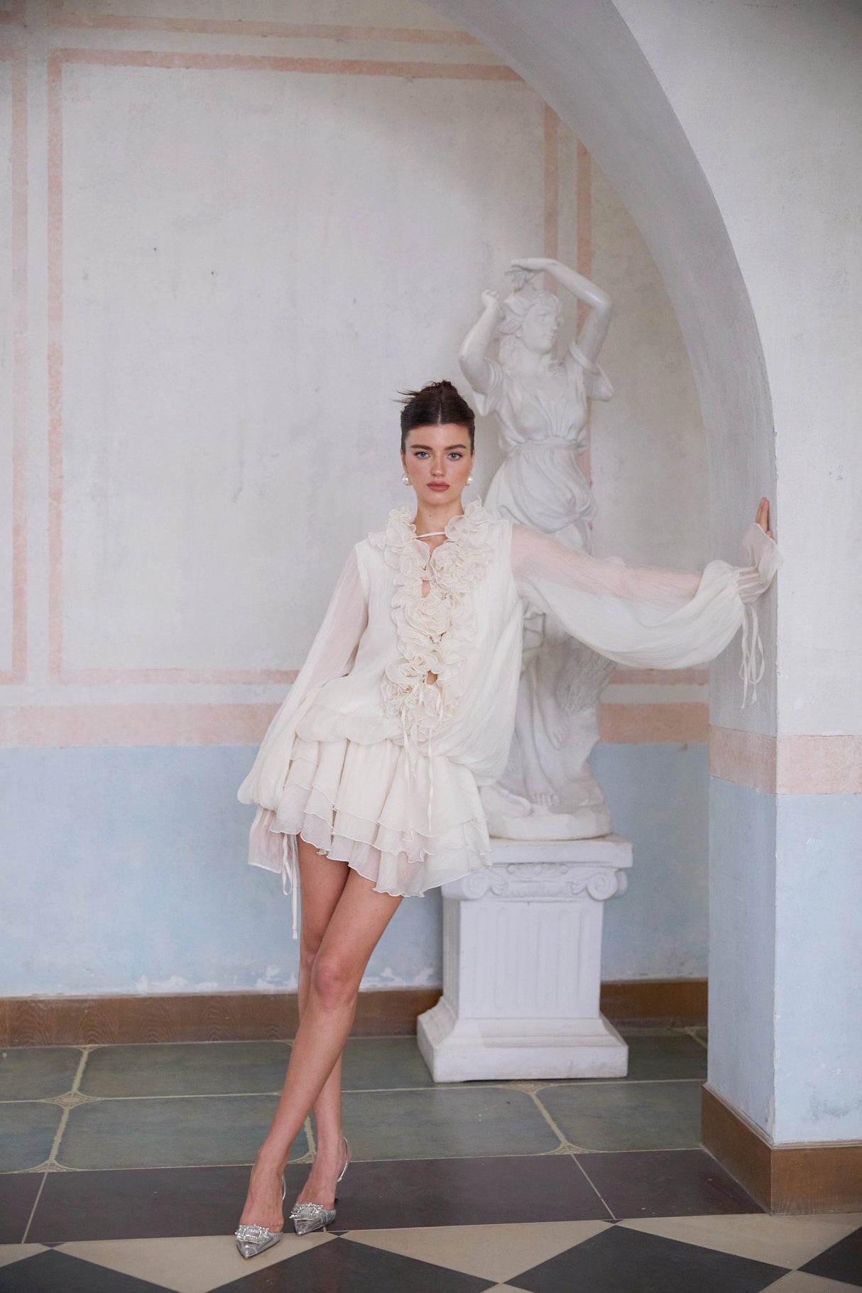 Aurohaya Zéphyrine floral-appliqué tiered mini dress in Neutrals