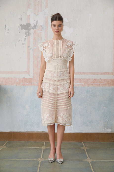 Aurohaya Fleur floral-embroidered lace midi dress in Neutrals