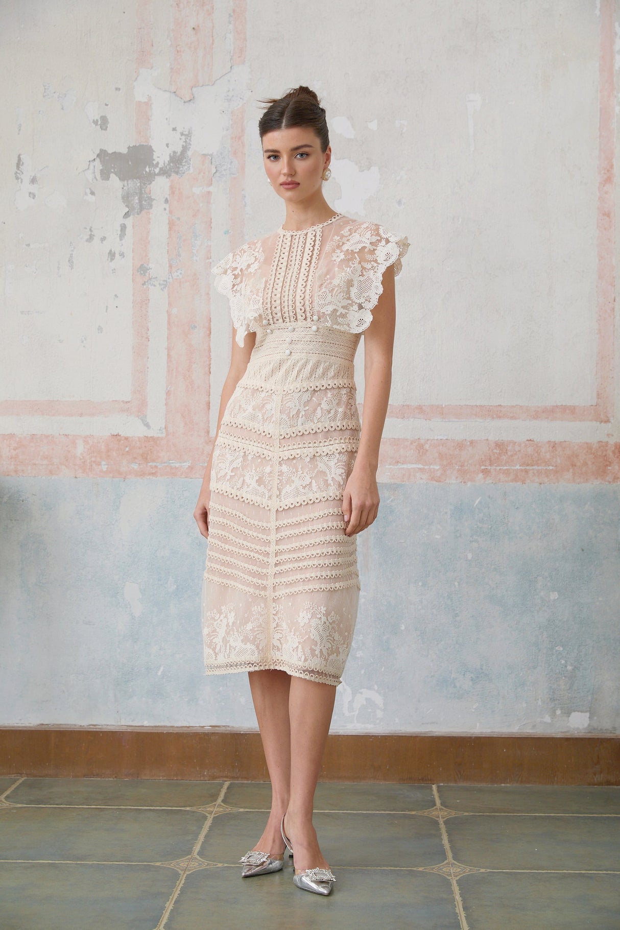 Aurohaya Fleur floral-embroidered lace midi dress in Neutrals