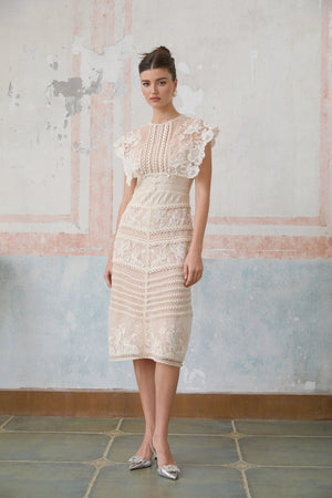 Aurohaya Fleur floral-embroidered lace midi dress in Neutrals