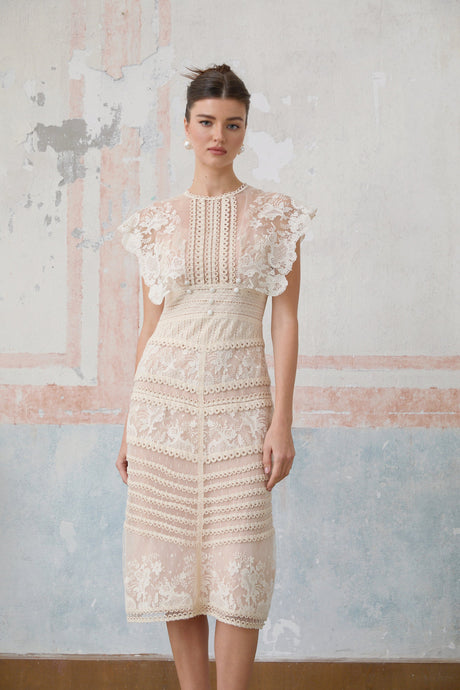 Aurohaya Fleur floral-embroidered lace midi dress in Neutrals