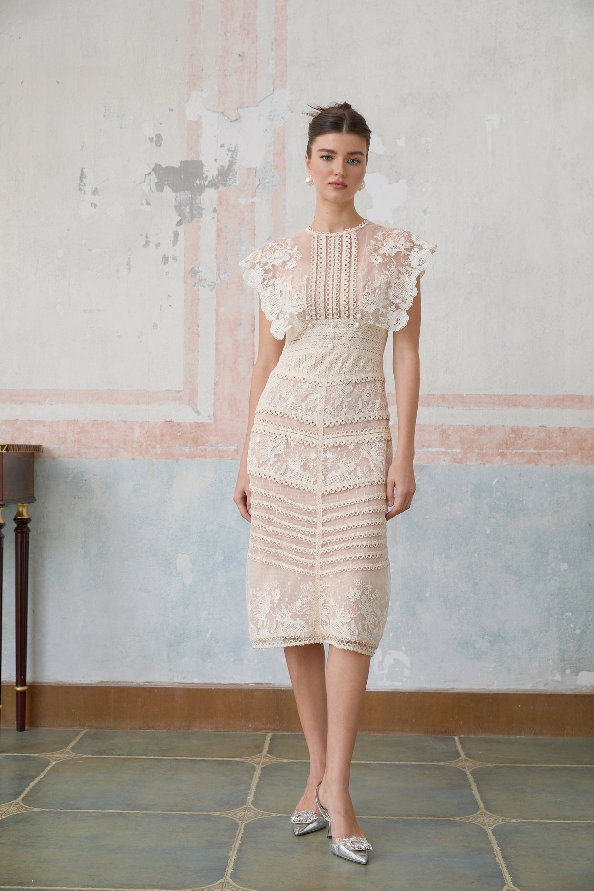 Aurohaya Fleur floral-embroidered lace midi dress in Neutrals