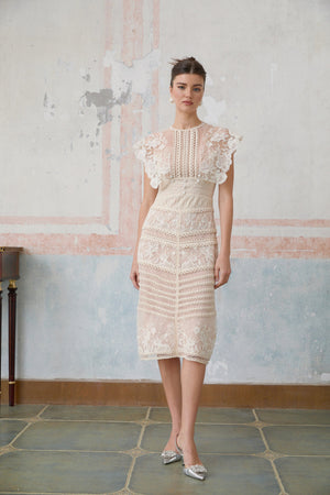 Aurohaya Fleur floral-embroidered lace midi dress in Neutrals