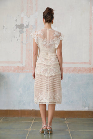 Aurohaya Fleur floral-embroidered lace midi dress in Neutrals
