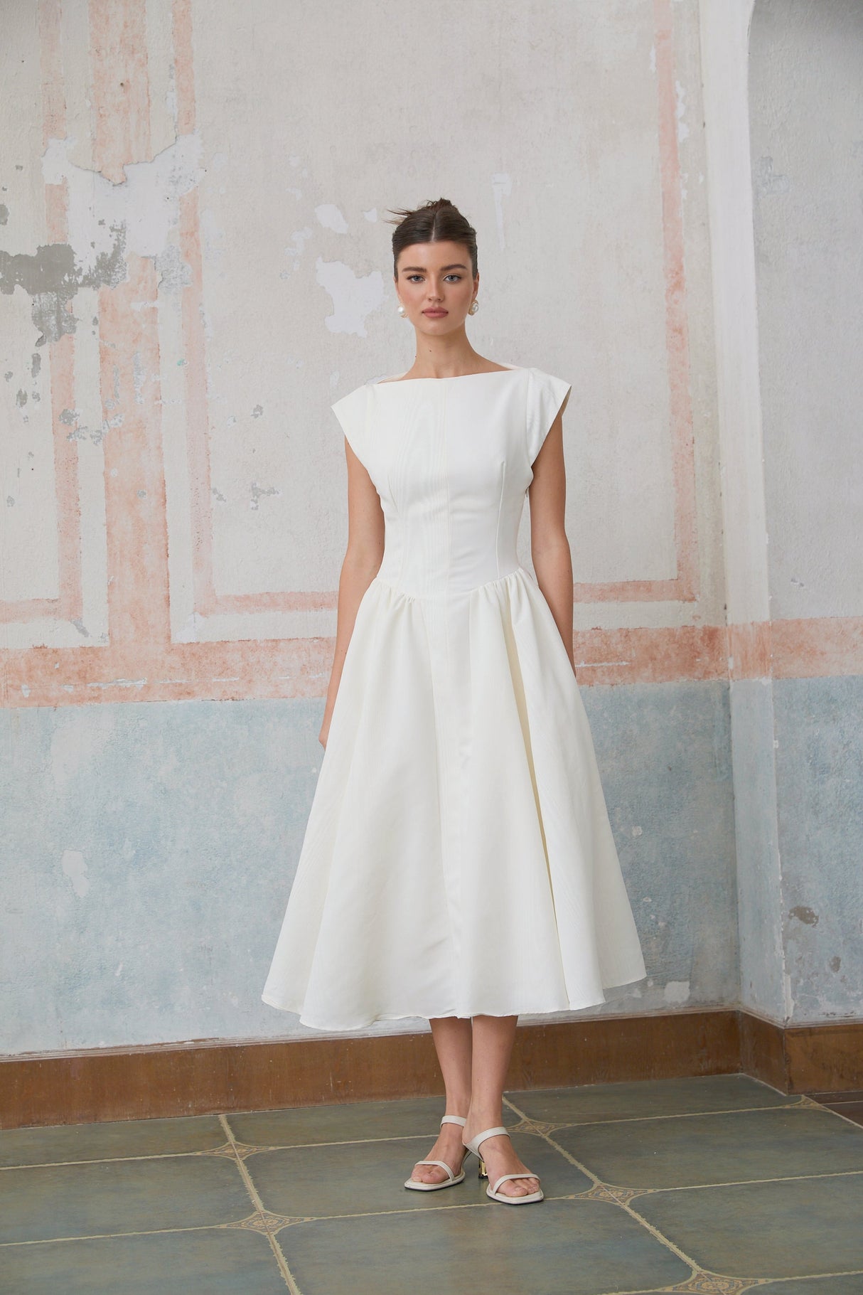 Aurohaya Amandine white open-back cap-sleeve midi dress