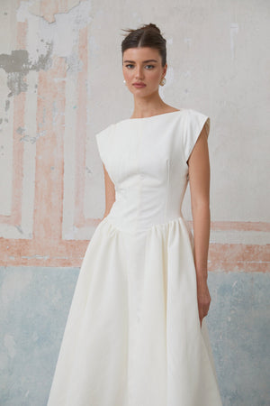 Aurohaya Amandine white open-back cap-sleeve midi dress
