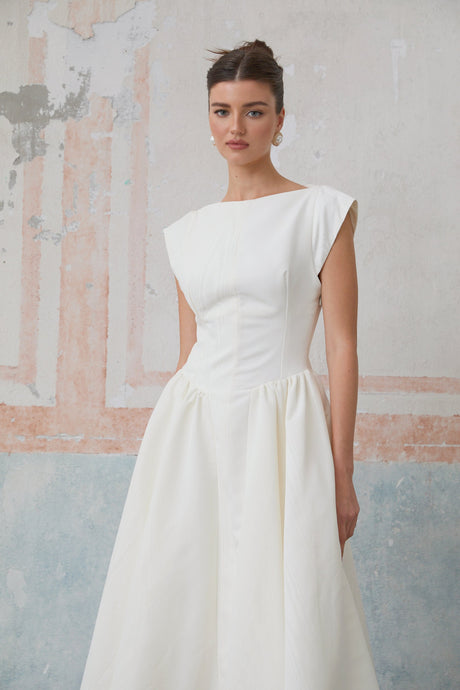 Aurohaya Amandine white open-back cap-sleeve midi dress