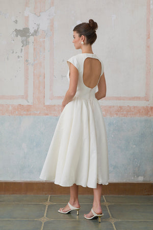 Aurohaya Amandine white open-back cap-sleeve midi dress