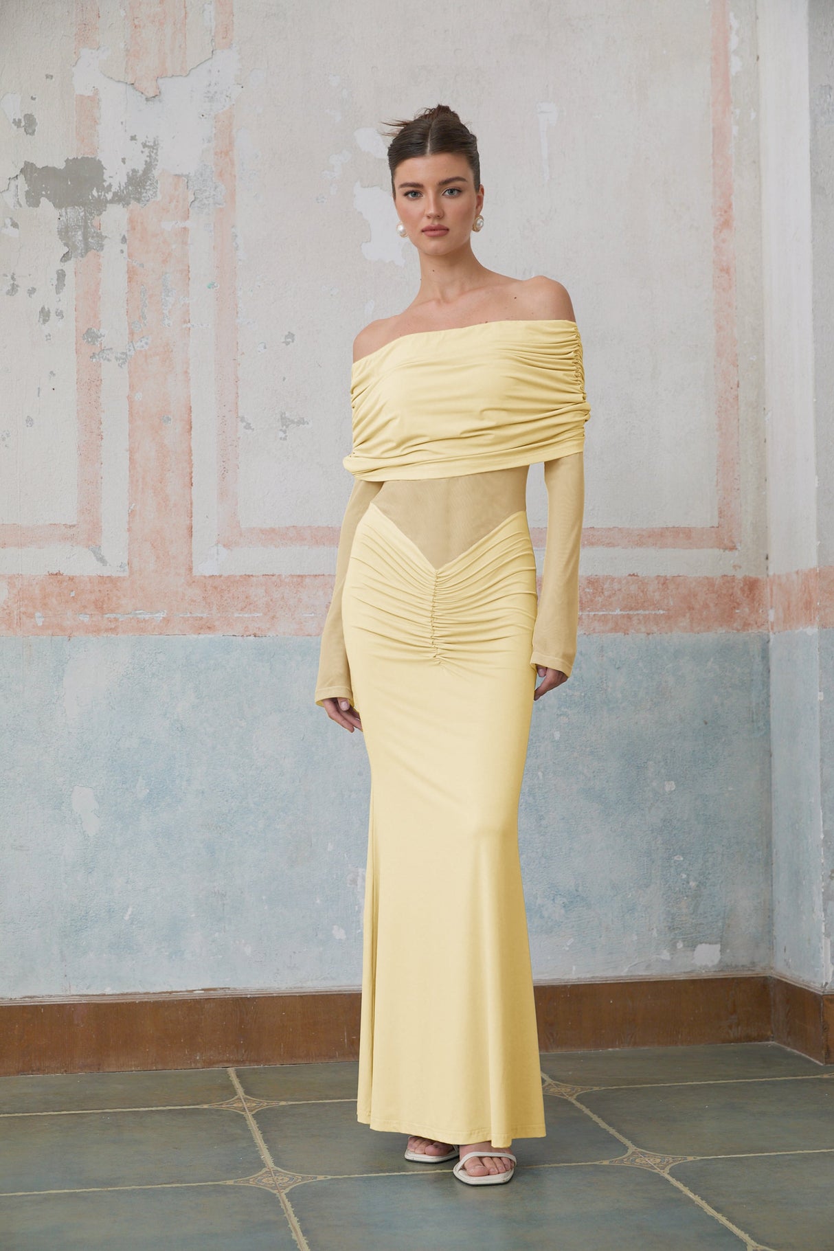 Aurohaya Ninon Yellow Off Shoulder Ruched Maxi Dress