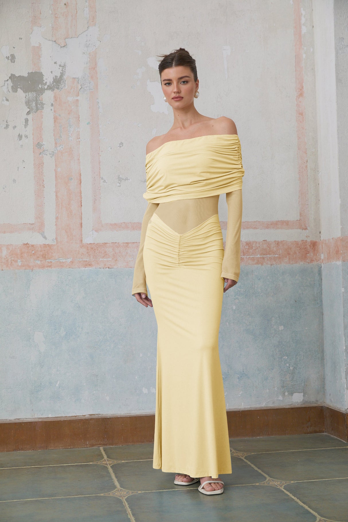 Aurohaya Ninon Yellow Off Shoulder Ruched Maxi Dress