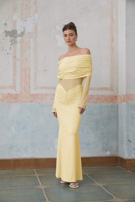 Aurohaya Ninon Yellow Off Shoulder Ruched Maxi Dress