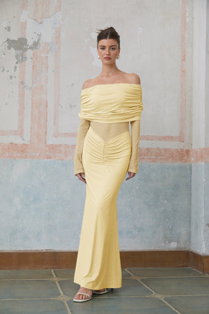 Aurohaya Ninon Yellow Off Shoulder Ruched Maxi Dress