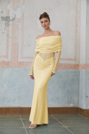 Aurohaya Ninon Yellow Off Shoulder Ruched Maxi Dress