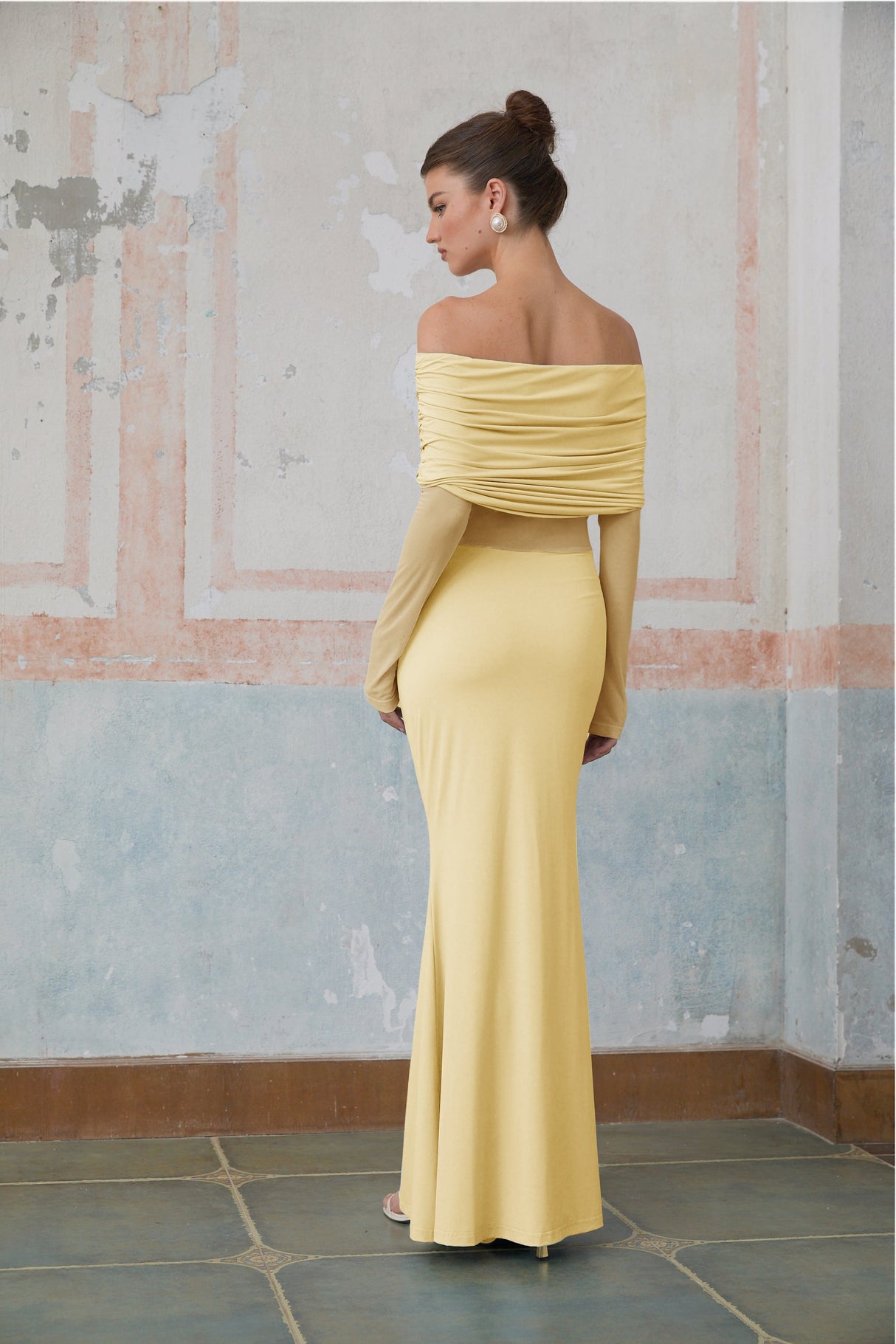 Aurohaya Ninon Yellow Off Shoulder Ruched Maxi Dress