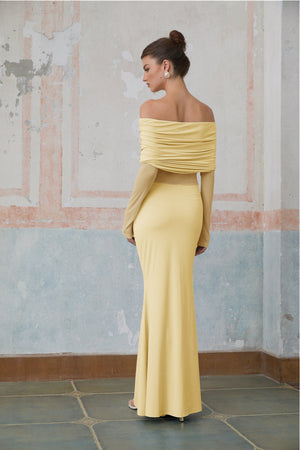 Aurohaya Ninon Yellow Off Shoulder Ruched Maxi Dress