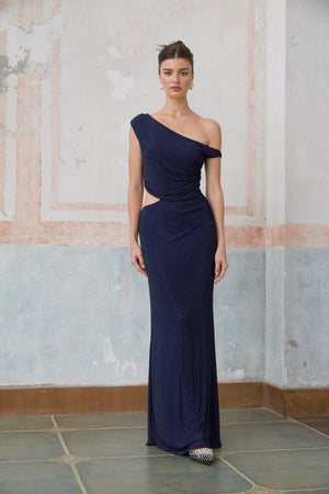 Aurohaya Alizée blue cut-out rhinestone maxi dress
