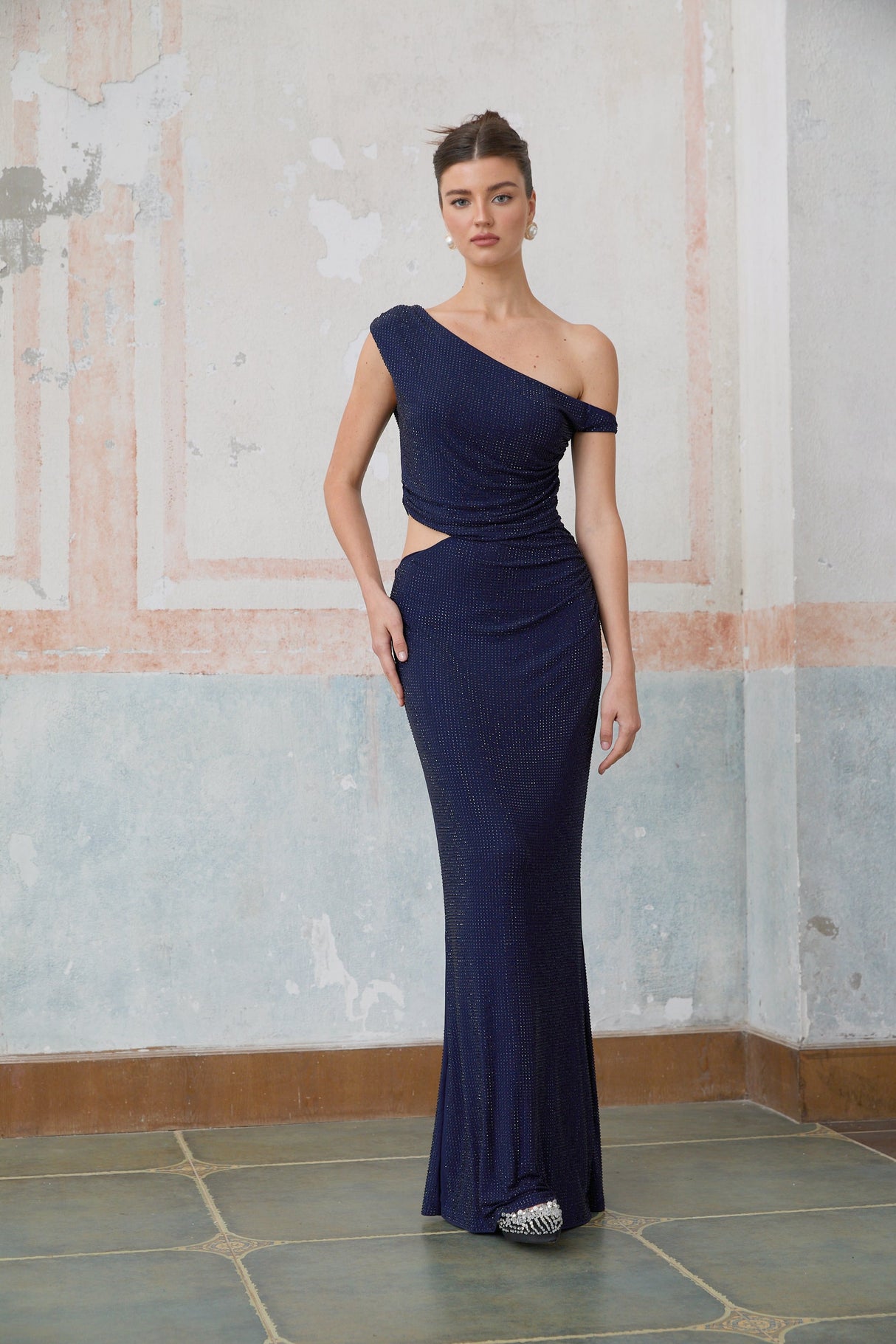 Aurohaya Alizée blue cut-out rhinestone maxi dress