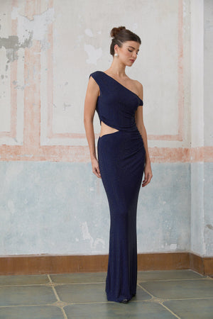 Aurohaya Alizée blue cut-out rhinestone maxi dress