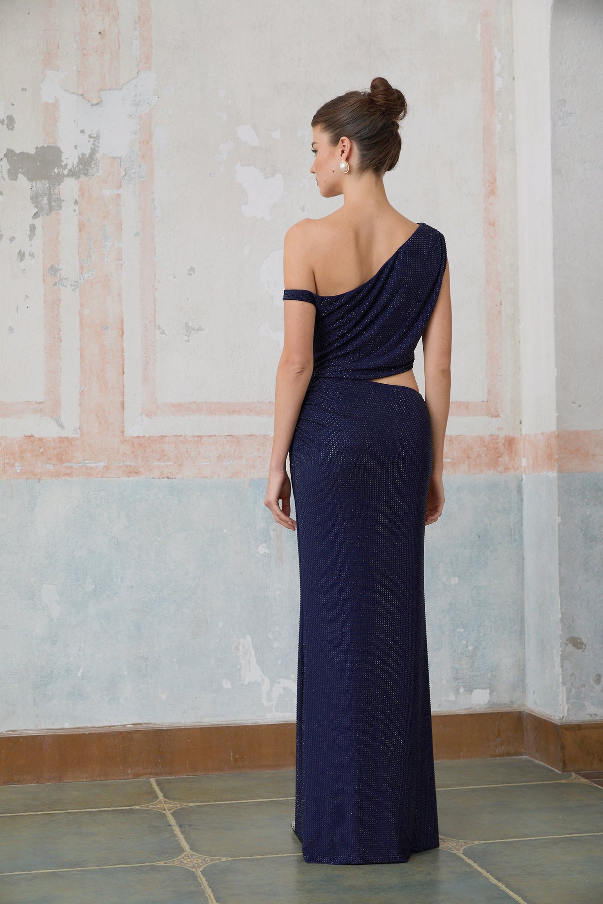 Aurohaya Alizée blue cut-out rhinestone maxi dress