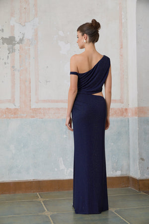 Aurohaya Alizée blue cut-out rhinestone maxi dress