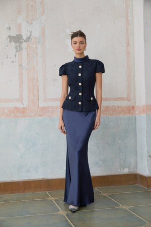 Aurohaya Josette blue peplum-waist panelled maxi dress