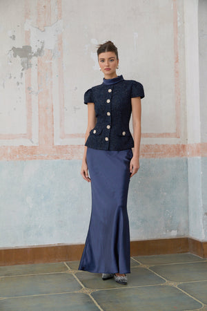Aurohaya Josette blue peplum-waist panelled maxi dress