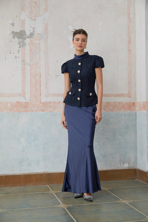 Aurohaya Josette blue peplum-waist panelled maxi dress
