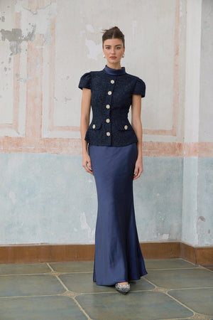 Aurohaya Josette blue peplum-waist panelled maxi dress