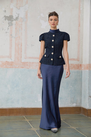 Aurohaya Josette blue peplum-waist panelled maxi dress