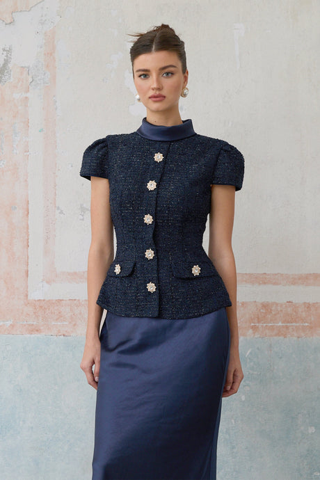 Aurohaya Josette blue peplum-waist panelled maxi dress