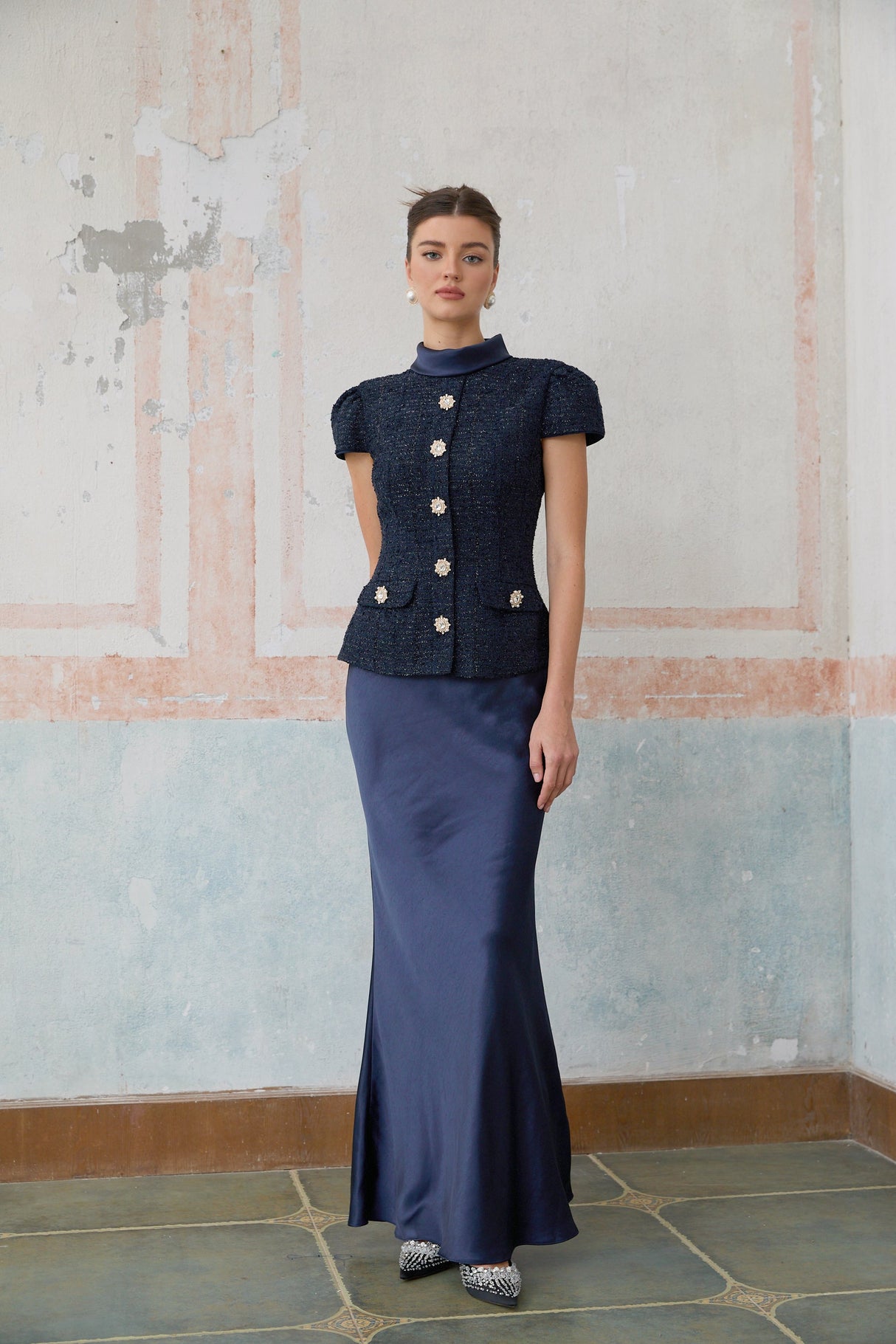 Aurohaya Josette blue peplum-waist panelled maxi dress