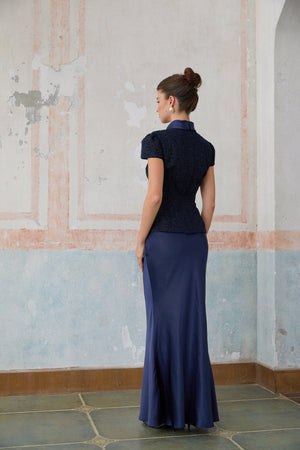 Aurohaya Josette blue peplum-waist panelled maxi dress