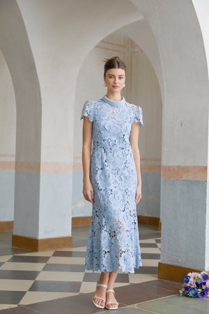 Aurohaya Aurore Blue Floral Appliqué Lace Midi Dress