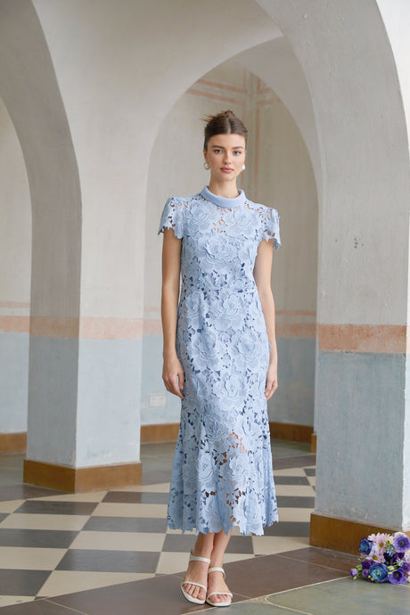 Aurohaya Aurore Blue Floral Appliqué Lace Midi Dress