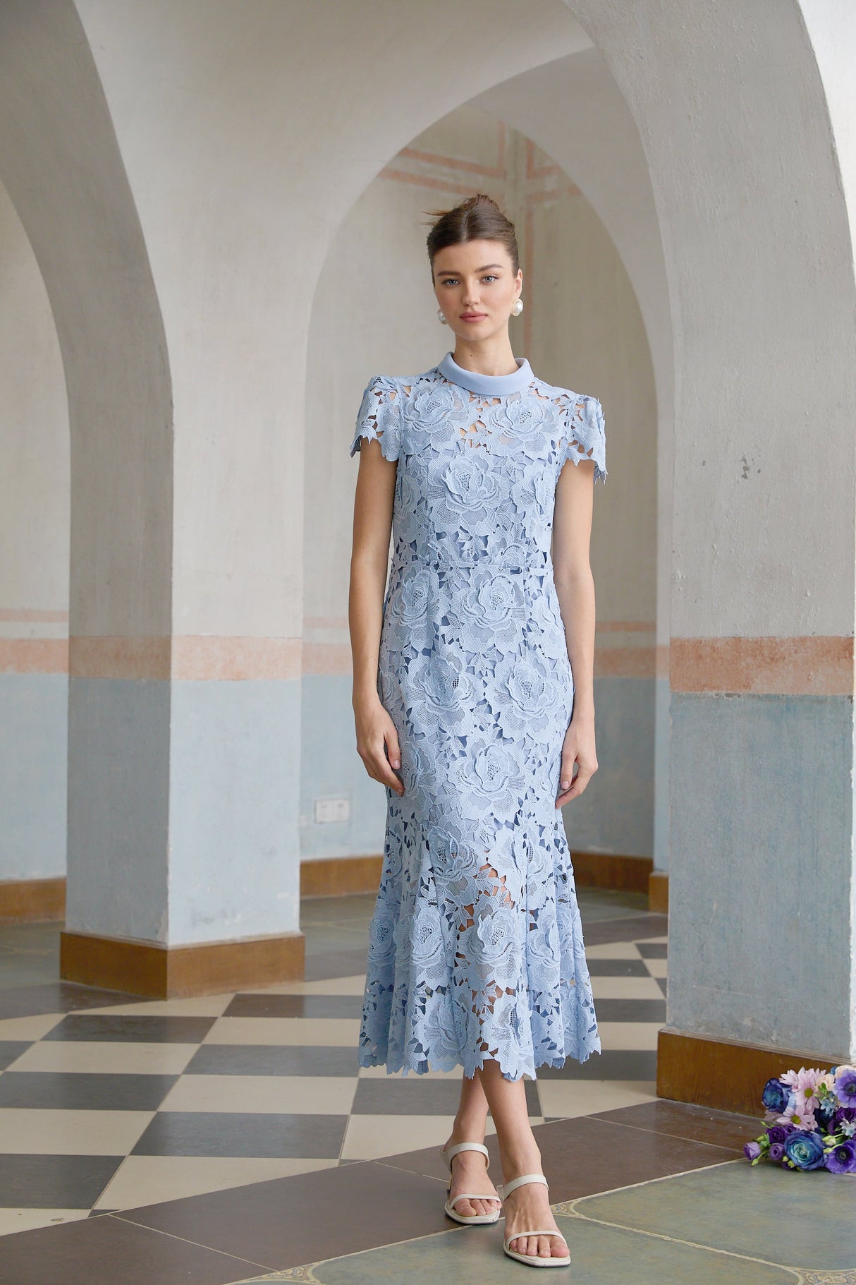 Aurohaya Aurore Blue Floral Appliqué Lace Midi Dress