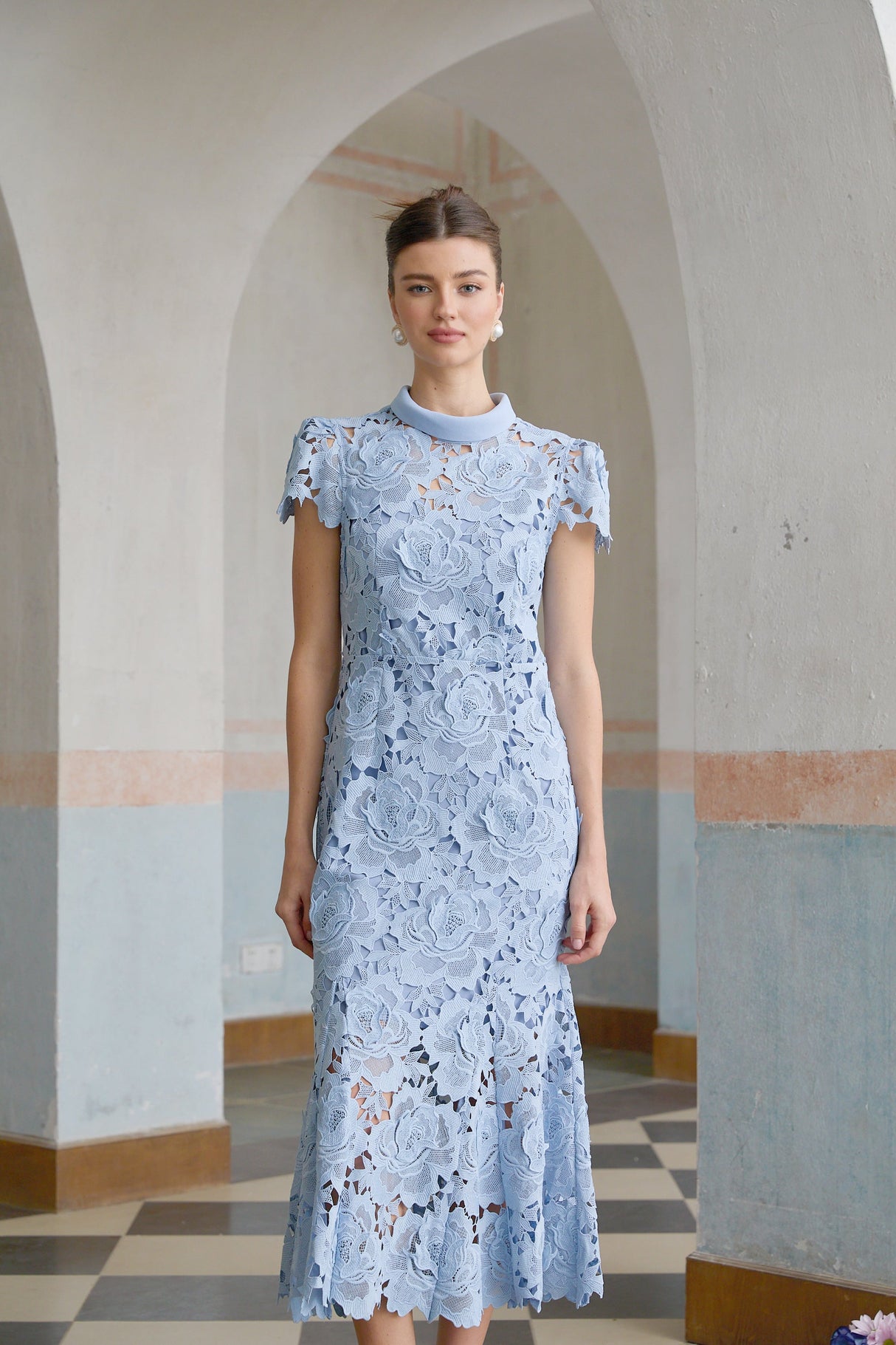 Aurohaya Aurore Blue Floral Appliqué Lace Midi Dress
