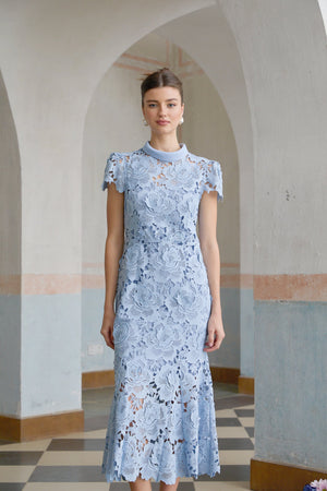 Aurohaya Aurore Blue Floral Appliqué Lace Midi Dress