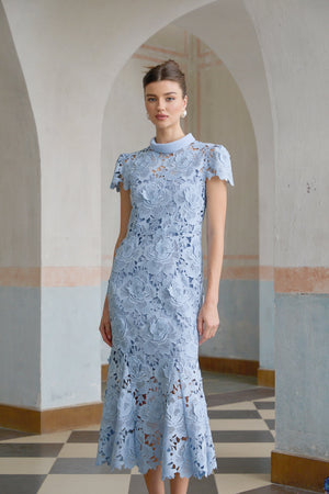 Aurohaya Aurore Blue Floral Appliqué Lace Midi Dress