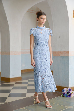 Aurohaya Aurore Blue Floral Appliqué Lace Midi Dress