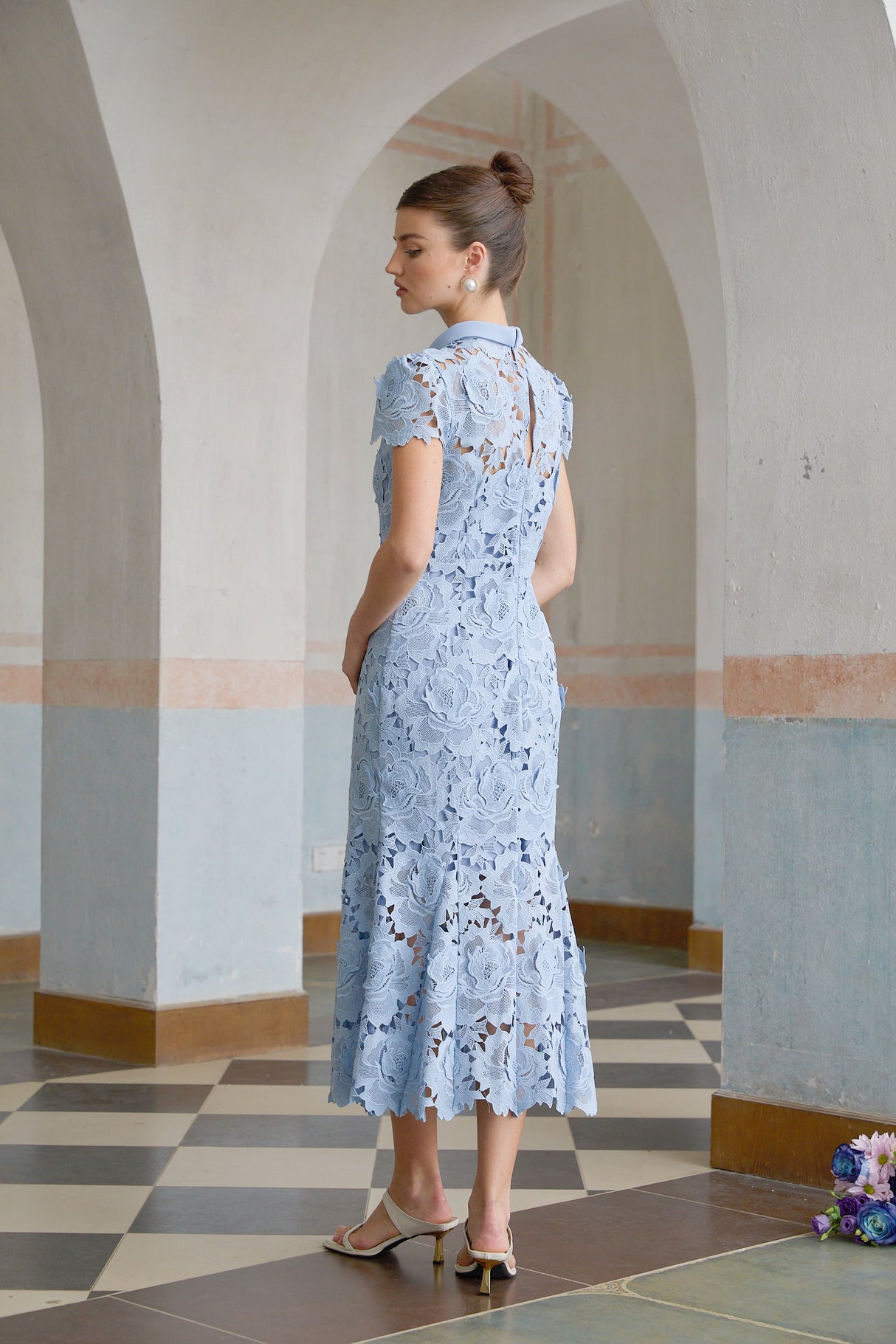 Aurohaya Aurore Blue Floral Appliqué Lace Midi Dress