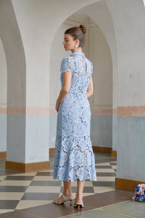 Aurohaya Aurore Blue Floral Appliqué Lace Midi Dress