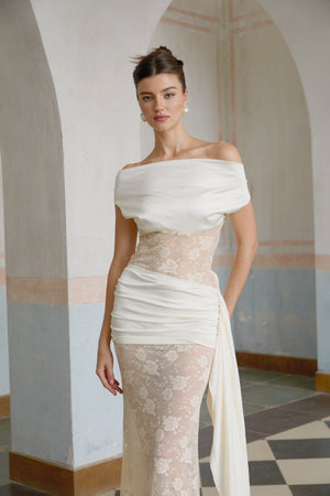 Aurohaya Lilou neutrals ribbon panelled floral-lace maxi dress