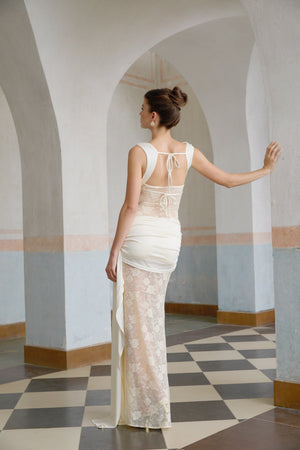 Aurohaya Lilou neutrals ribbon panelled floral-lace maxi dress