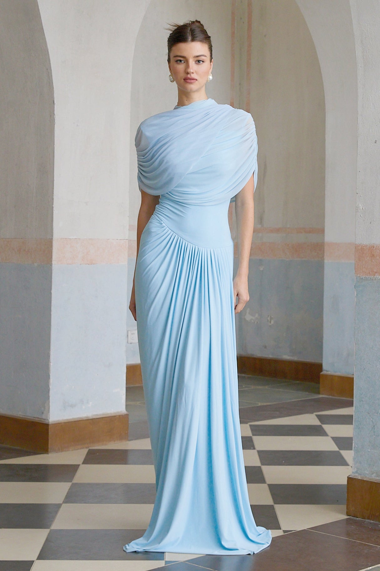 Aurohaya Catherine asymmetrical pleated maxi dress in Baby-blue
